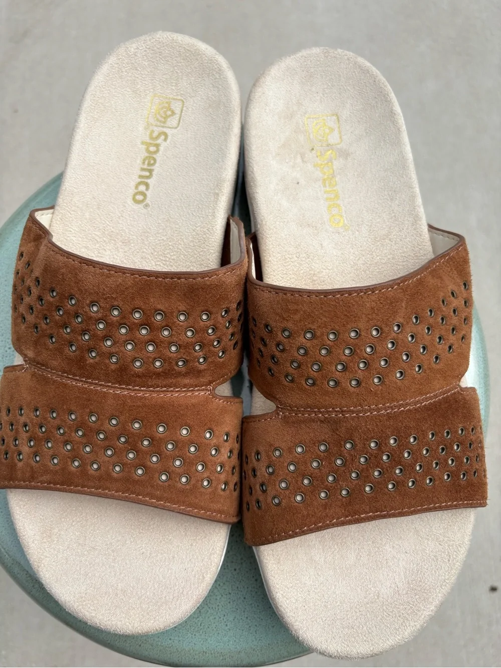 Leather Spenco Women's Brown Slide Sandals with Stud Accents size 10